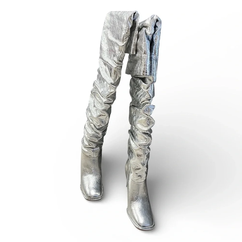 Michael Kors Kelsea Silver Leather Metallic Crush Slouchy Thigh High Boot 8 - Picture 3 of 11